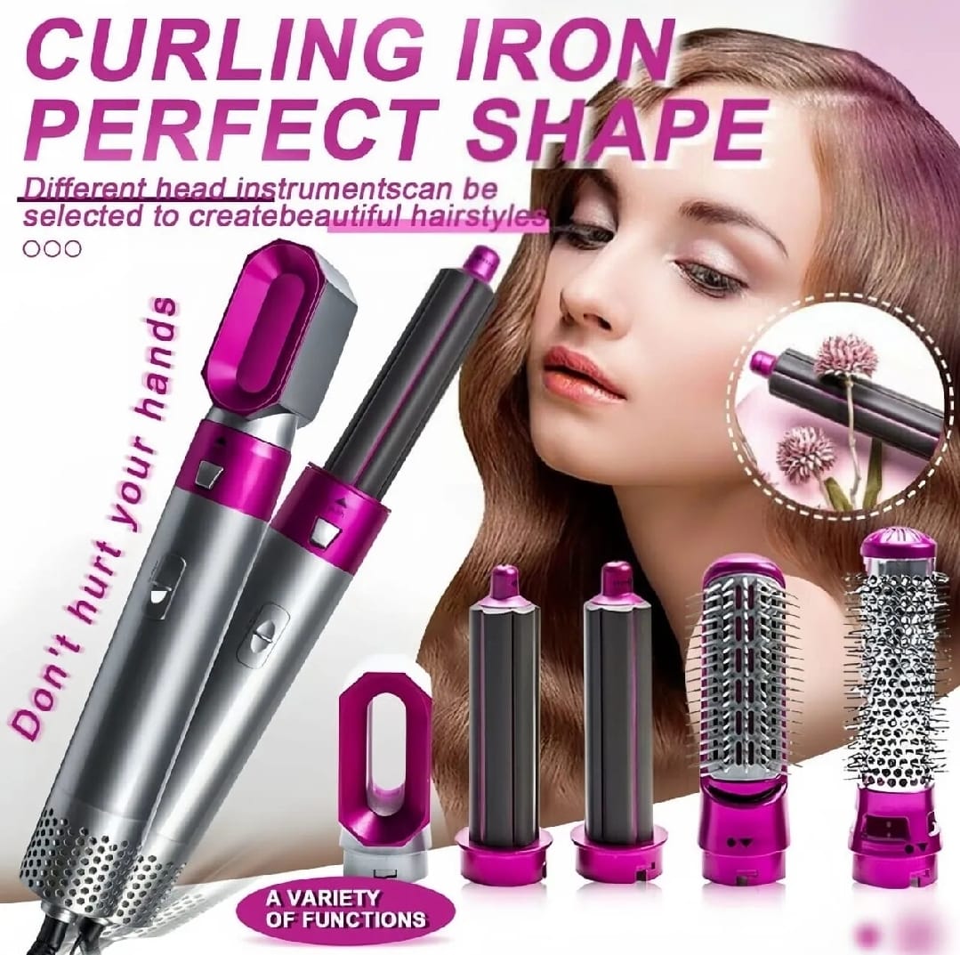 5-in-1 Hair Styler Brush – Hot Air Brush Dryer Straightener Curler & Volumizer with Ionic Technology & Detachable Heads