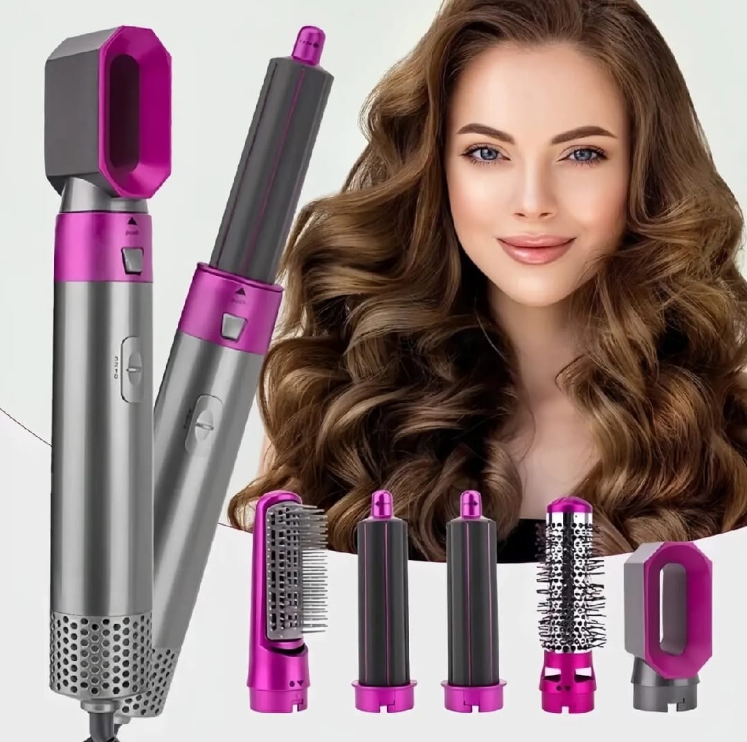 5-in-1 Hair Styler Brush – Hot Air Brush Dryer  Straightener Curler & Volumizer with Ionic Technology & Detachable Heads