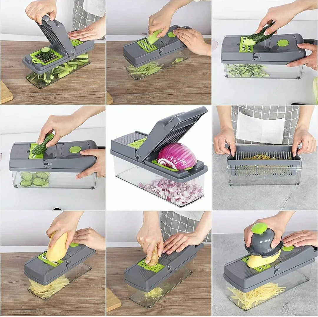 16-in-1 Multifunctional  Vegetable Chopper & Slicer with Colander Basket and Storage Container