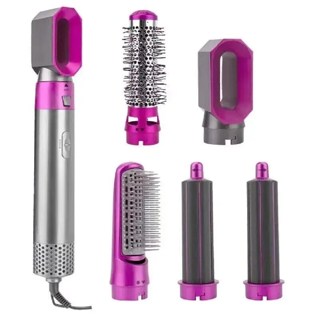 5-in-1 Hair Styler Brush – Hot Air Brush Dryer  Straightener Curler & Volumizer with Ionic Technology & Detachable Heads